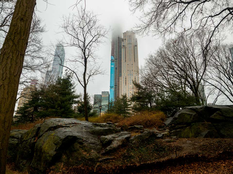 A view of Midtown from Central Park on a foggy day