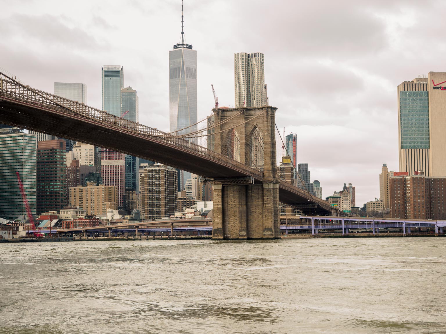 A view of Brooklyn Bridge looking from Dumbo toward Manhattan
